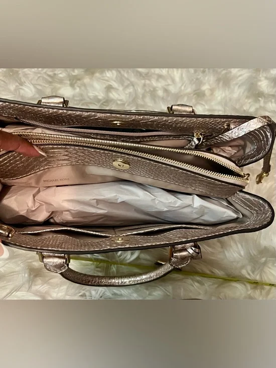 Michael Kors Metallic Golden BronzeSnake-Embossed Top-Handle Satchel - Picture 13 of 16